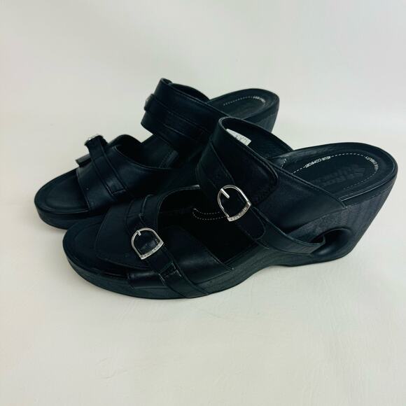 Rocky 4EurSole Sandals Black Leather Splendor Wedge Two Strap Slide Size 11.5 - Picture 1 of 13